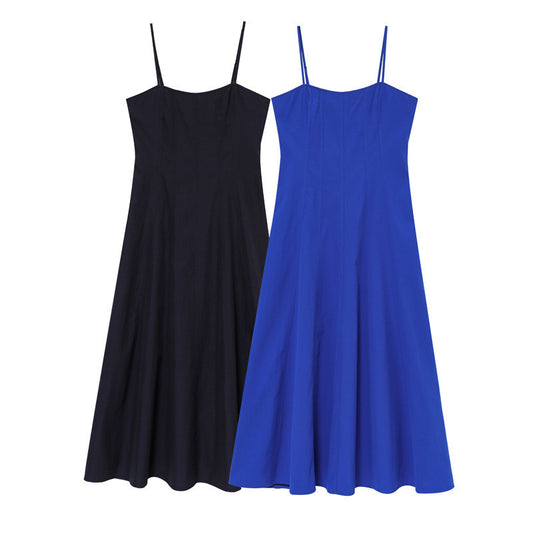 European And American Fashion Minimalist Waist Trimming Spaghetti Straps Long Dress