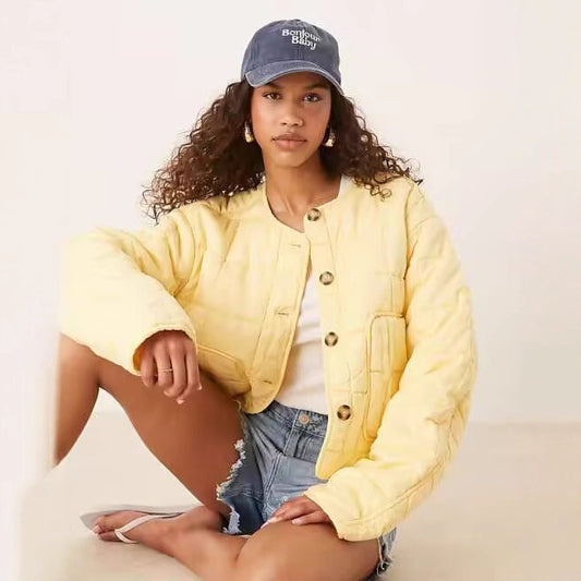 Autumn Women Clothing Yellow Quilted Cotton Plaid Cotton Clothing Cotton Coat